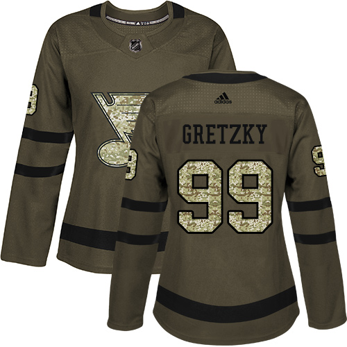 Adidas Blues #99 Wayne Gretzky Green Salute to Service Women's Stitched NHL Jersey - Click Image to Close